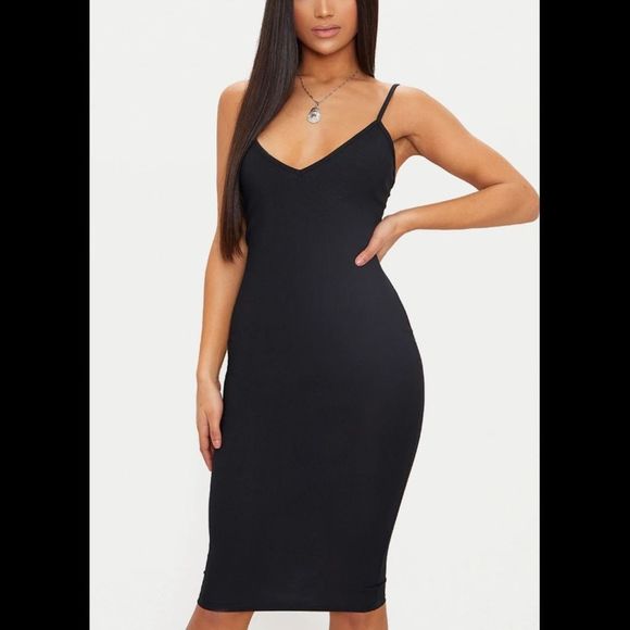 PrettyLittleThing Black Ribbed Midi Plunge Bodycon Dress with Missing Seams - Picture 1 of 11
